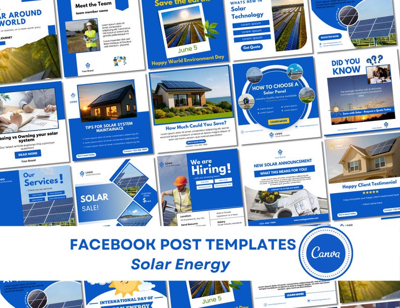 Social Media Templates Solar Energy: Canva Editable Posts in Blue and ...