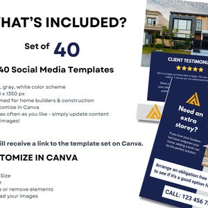 This page describes what's included in the set of 40 Blue Canva Templates for home builders. Buyers receive a link to the template set, which they can use as often as they like. The set includes 40 social media post templates in a portrait layout, blue, gray and white color scheme, with home building themes. They're Canva editable and 1080 x 1350 px. The page is illustrated by two post templates from the set.