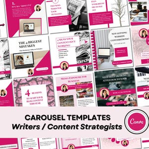 May include: A collection of square social media carousel templates for content strategists featuring a white and magenta colour scheme. The designs include text overlays, placeholders for headshots, laptop imagery, and business-related graphics.