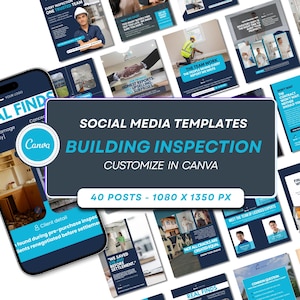 May include: A set of social media templates for building inspection services, designed for customisation in Canva. The templates include 40 posts, each with a resolution of 1080 x 1350 pixels. The design uses a blue and white colour scheme.