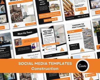 Construction Social Media Templates: Builder Marketing, 40 Canva Editable Posts in Orange & Black