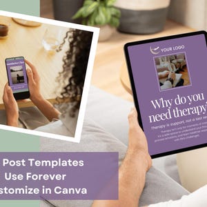 Page displays therapy post template examples in mobile devices. A banner indicates they're related to a set of 40 post templates that can be customized in Canva.