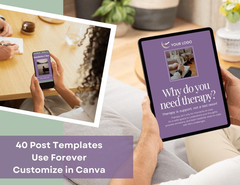 Page displays therapy post template examples in mobile devices. A banner indicates they're related to a set of 40 post templates that can be customized in Canva.