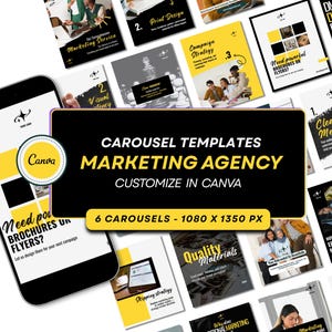 Pode incluir: Um smartphone exibindo um conjunto de modelos de carrossel para agência de marketing com gráficos amarelos, pretos e brancos. O texto central diz CAROUSEL TEMPLATES MARKETING AGENCY CUSTOMIZE IN CANVA e 6 CAROUSELS - 1080 X 1350 PX.