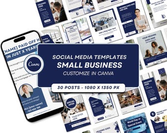 Social Media Templates Small Business: 30 Vertical Posts in Blue (Canva Editable)