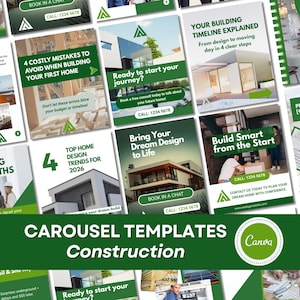 Construction Instagram Templates – 6 Editable Canva Carousels for Builders in Green