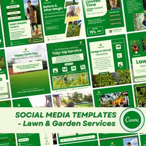 May include: A set of green social media templates for lawn and garden services. The templates feature text including "Lawn Care", "Lawn Health Experts", "Happy Earth Day", and "Tidy-Up Service". The Canva logo is also visible.