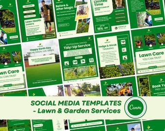 Plantillas para redes sociales sobre cuidado del césped / 40 publicaciones personalizables de Canva en tonos verdes de jardín / 1080 x 1350 px
