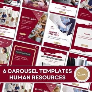 May include: A collection of six digital carousel templates for human resources featuring a deep red and white color scheme. The designs include text headers like Foundation, Download, Benefit 1, Support, Myth 4, and Human Resources with Canva branding.