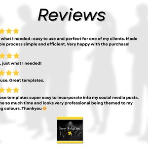 Puede incluir: Imagen con la palabra "Reviews" en texto negro grande. Debajo, testimonios de clientes con valoraciones de estrellas doradas. Un peque&ntilde;o gr&aacute;fico con el texto "Savvy Social Sets" est&aacute; en la parte inferior central. El fondo presenta siluetas borrosas.