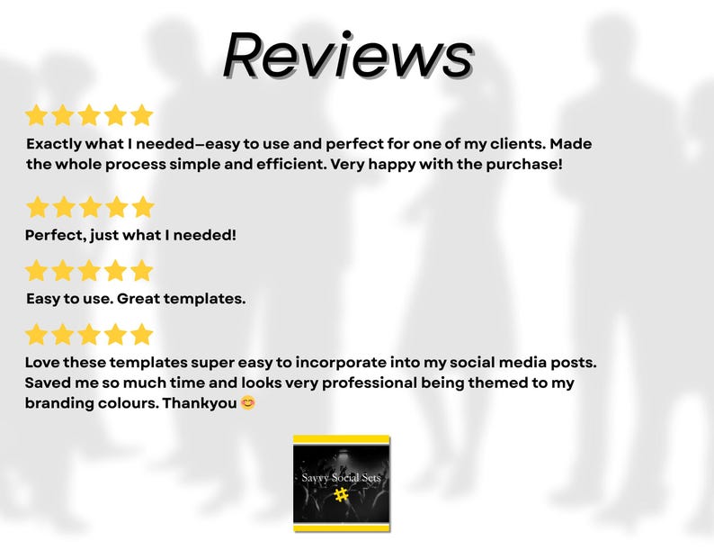 Puede incluir: Imagen con la palabra "Reviews" en texto negro grande. Debajo, testimonios de clientes con valoraciones de estrellas doradas. Un peque&ntilde;o gr&aacute;fico con el texto "Savvy Social Sets" est&aacute; en la parte inferior central. El fondo presenta siluetas borrosas.