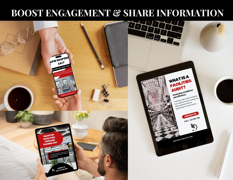 This page shows three of the post templates in mobile devices. A heading at the top says 'boost engagement and share information'.