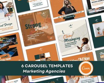 May include: A collection of six carousel templates for marketing agencies. The templates feature a color scheme of orange, teal, and white, with text overlays promoting print design, strong visuals, and clear messaging. The Canva logo is also visible.