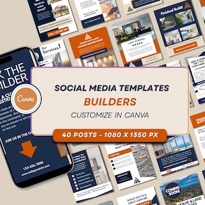 Puede incluir: Un conjunto de plantillas de redes sociales para constructores, con un teléfono inteligente que muestra una plantilla. Las plantillas tienen varios diseños con texto como "Ask the Builder" y "Customize in Canva". Las plantillas son de 1080 x 1350 px.