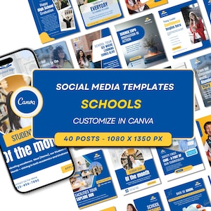 Könnte beinhalten: Eine Sammlung von Social-Media-Vorlagen für Schulen in Blau und Gelb. Die Vorlagen umfassen Designs für Schulveranstaltungen, Ankündigungen und Schüler-Highlights. Ein Smartphone mit einem Schullogo ist ebenfalls im Bild zu sehen.