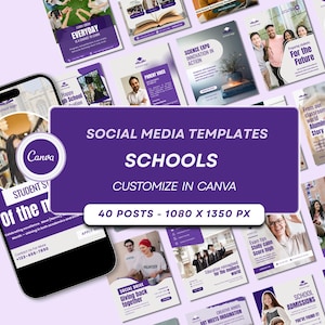 School Social Media Templates in Purple: 40 Canva Editable Posts