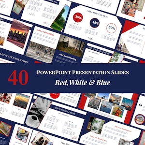May include: A collection of PowerPoint presentation slides in red, white, and blue. The slides feature various layouts with images, charts, and text placeholders. The text on the image reads "40 PowerPoint Presentation Slides Red, White & Blue."