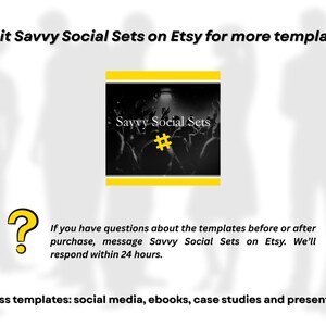 Pu&ograve; includere: Immagine con testo: "Visita Savvy Social Sets su Etsy per altri modelli!" e "Savvy Social Sets #". Include un punto interrogativo giallo e informazioni sui modelli aziendali per social media, ebook, casi studio e presentazioni.