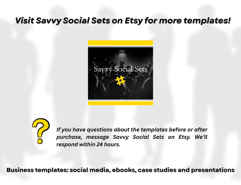 Pu&ograve; includere: Immagine con testo: "Visita Savvy Social Sets su Etsy per altri modelli!" e "Savvy Social Sets #". Include un punto interrogativo giallo e informazioni sui modelli aziendali per social media, ebook, casi studio e presentazioni.