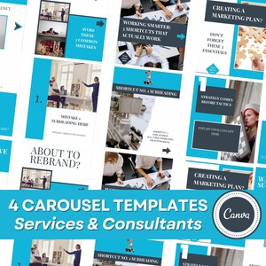 May include: A collection of four digital carousel templates for services and consultants, featuring a white and bright blue color scheme. The layouts include placeholders for text, photography, and graphics, with headings like About to Rebrand and Creating a Marketing Plan, all branded with a circular Canva logo.