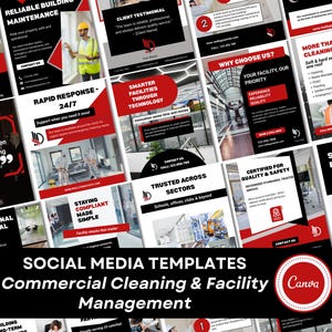 Listing cover for 40 Social Media Templates for Commercial Property Cleaning and Maintenance Companies (Facilities Management). Information on the page indicates the set is in a red, black and gray color scheme, and is customizable in Canva. Several post templates are displayed as examples, and show a vertical (portrait) layout and business design.