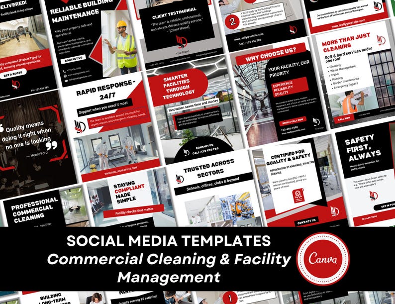 Listing cover for 40 Social Media Templates for Commercial Property Cleaning and Maintenance Companies (Facilities Management). Information on the page indicates the set is in a red, black and gray color scheme, and is customizable in Canva. Several post templates are displayed as examples, and show a vertical (portrait) layout and business design.