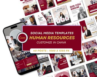 Plantillas de redes sociales de RR. HH.: diseños editables para publicaciones en Canva en color burdeos y dorado.