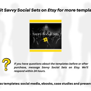 Pode incluir: Gr&aacute;fico com o texto "Visite Savvy Social Sets no Etsy para mais modelos!" e um ponto de interroga&ccedil;&atilde;o amarelo. A imagem inclui um gr&aacute;fico a preto e branco com o texto "Savvy Social Sets" e um s&iacute;mbolo de hashtag amarelo.