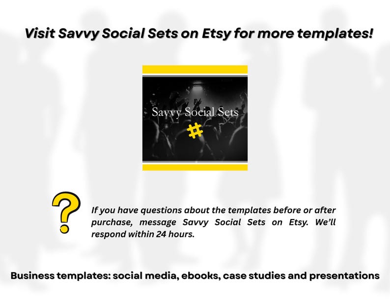 Pode incluir: Gr&aacute;fico com o texto "Visite Savvy Social Sets no Etsy para mais modelos!" e um ponto de interroga&ccedil;&atilde;o amarelo. A imagem inclui um gr&aacute;fico a preto e branco com o texto "Savvy Social Sets" e um s&iacute;mbolo de hashtag amarelo.