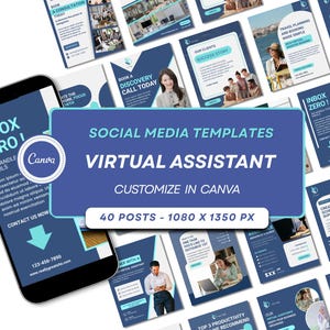Social Media Templates With Virtual Assistant Themes | 40 Canva Editable Posts in Blue
