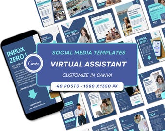 Modelli di assistenti virtuali per i social media: 40 post modificabili in blu su Canva
