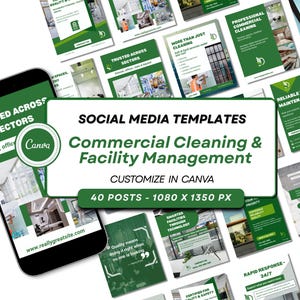 Canva Social Media Templates in Green | Commercial Cleaning & Maintenance (Digital Download)