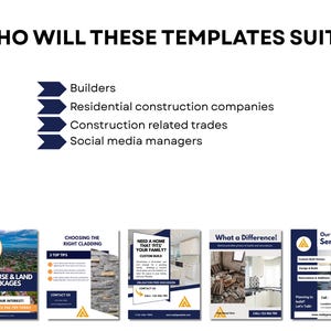 Page is titled 'who will these templates suite?'. It explains that they are designed for builders and residential construction companies, but might also suit people like social media managers and others who create content for home builders. Another four post templates are displayed as illustrations on the page, showing the blue, gray and white color scheme, and building related post topic themes.