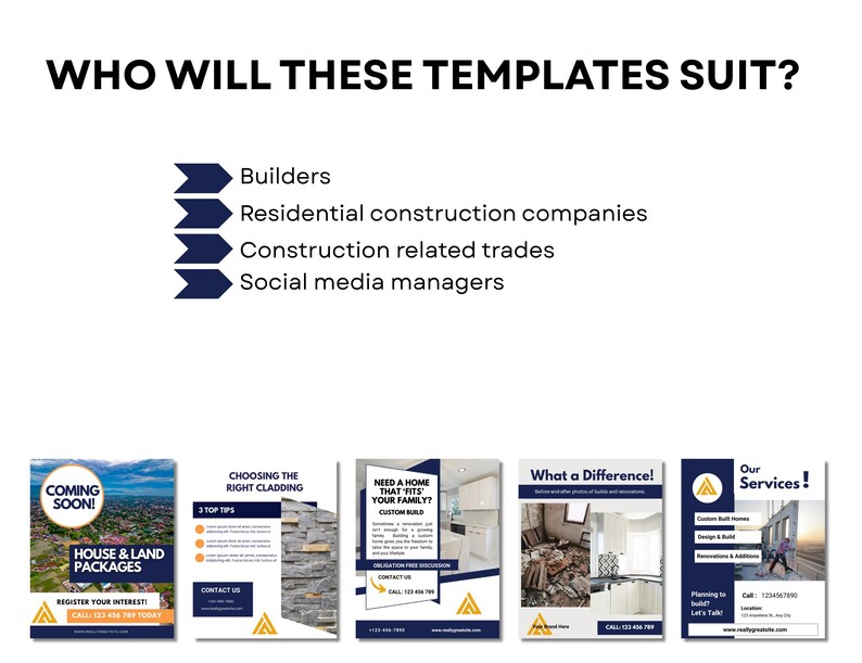 Page is titled 'who will these templates suite?'. It explains that they are designed for builders and residential construction companies, but might also suit people like social media managers and others who create content for home builders. Another four post templates are displayed as illustrations on the page, showing the blue, gray and white color scheme, and building related post topic themes.