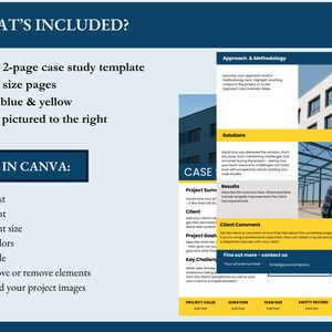 This is the 'what's included' page supporting a listing for a construction case study template. Inclusions are listed as: 1 x two page case study template, with A4 page size, in a blue and yellow color scheme, and it says 'as pictured to the right'. To the right are two images illustrating the case study template. Other copy on the page indicates it's customizable in Canva.