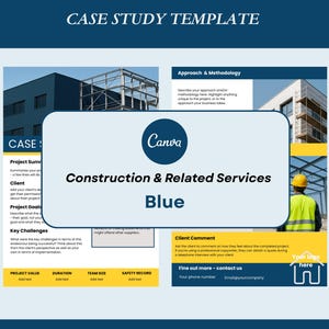Peut inclure: Un modèle Canva bleu et jaune pour les services de construction. Le modèle comprend des sections pour les résumés de projets, les commentaires des clients et les coordonnées. Le texte "CASE STUDY TEMPLATE" est en haut.