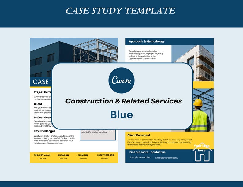 This page supports a listing for a case study template. Copy indicates it's designed for construction and related services, and is a Canva template. There are two images illustrating the page, showing a case study template with blue banners, yellow highlight boxes, and images of construction projects.