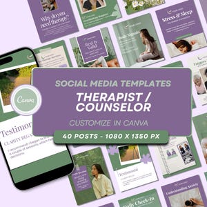 Product listing for Counselor social media templates. This offers a set of 40 social media templates for counselors and therapists. They are Canva templates, customizable, currently with a purple and green color scheme. The post templates have a vertical layout 1080 x 1350 px.
