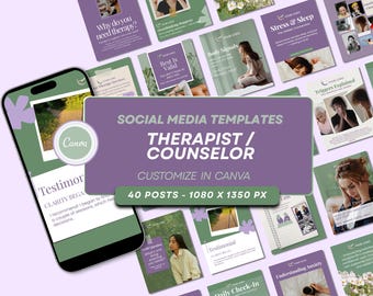 Modelos de mídias sociais para terapeutas, coaches de bem-estar e psicólogos | Posts editáveis no Canva