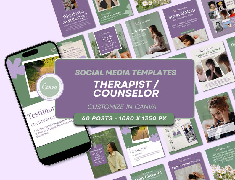 Product listing for Counselor social media templates. This offers a set of 40 social media templates for counselors and therapists. They are Canva templates, customizable, currently with a purple and green color scheme. The post templates have a vertical layout 1080 x 1350 px.