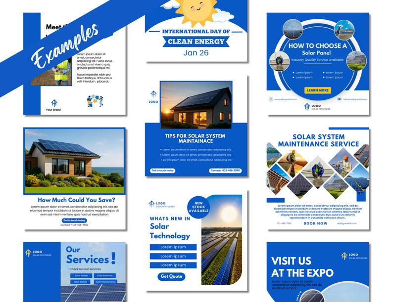Social Media Templates Solar Energy: Canva Editable Posts in Blue and ...