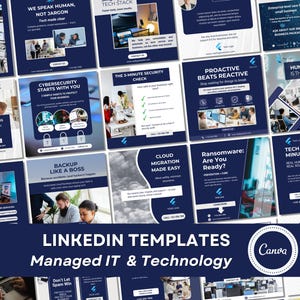 以下が含まれることがあります： マネージドITとテクノロジー向けの、ネイビーブルーと白のLinkedInテンプレートのコレクション。各テンプレートには、サイバーセキュリティ、クラウド移行、およびテクニカルサポートに関連するテキストとグラフィックが含まれています。Canvaのロゴが表示されています。