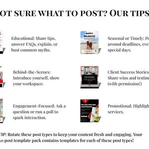Pu&ograve; includere: Grafica bianca con il testo "NOT SURE WHAT TO POST? OUR TIPS:" ed esempi di post sui social media. Gli esempi includono contenuti educativi, dietro le quinte, incentrati sull'engagement, stagionali, storie di successo dei clienti e promozionali.