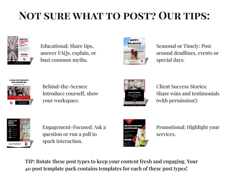 Pu&ograve; includere: Grafica bianca con il testo "NOT SURE WHAT TO POST? OUR TIPS:" ed esempi di post sui social media. Gli esempi includono contenuti educativi, dietro le quinte, incentrati sull'engagement, stagionali, storie di successo dei clienti e promozionali.