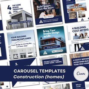 Construction Social Media Templates: Carousels in Blue, Gray and White (Digital Download)