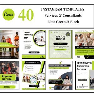 40 plantillas de publicaciones sociales en verde lima y negro para servicios y consultores (Canva), editables con diseño vertical y diseños comerciales.
