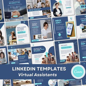 May include: A collection of LinkedIn templates for virtual assistants, featuring a dark blue and white color scheme. The templates showcase various services, including travel planning, inbox management, and business task support. The Canva logo is also visible.