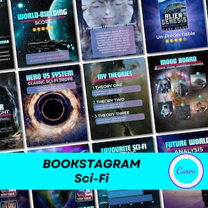 Puede incluir: Una colección de publicaciones de bookstagram con temática de ciencia ficción con varios diseños. Las publicaciones presentan títulos como "World-Building Score", "Hero vs System" y "My Theories". El banner inferior dice "BOOKSTAGRAM Sci-Fi" con un logotipo de Canva.
