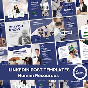 LinkedIn Post Templates for HR & Recruitment: 40 Canva Editable Posts in Blue
