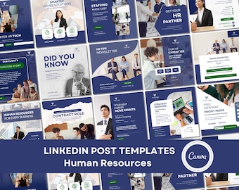 Plantillas de publicaciones de LinkedIn para RR. HH. y reclutamiento: 40 publicaciones editables en Canva en color azul.